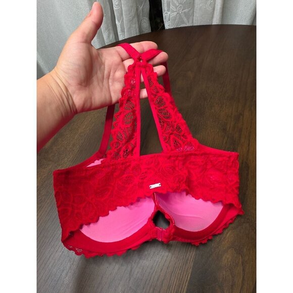 Red Lace Push-Up Bra With Halter Neck Design - Feminine & Stylish Intimates For - Picture 6 of 13